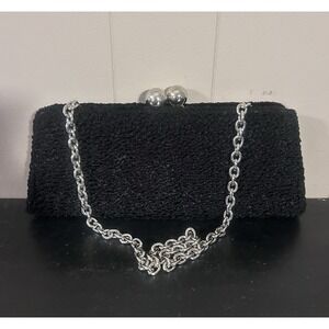 Million Wishes Black Textured Evening Clutch Purse Silver Kiss Lock Frame
